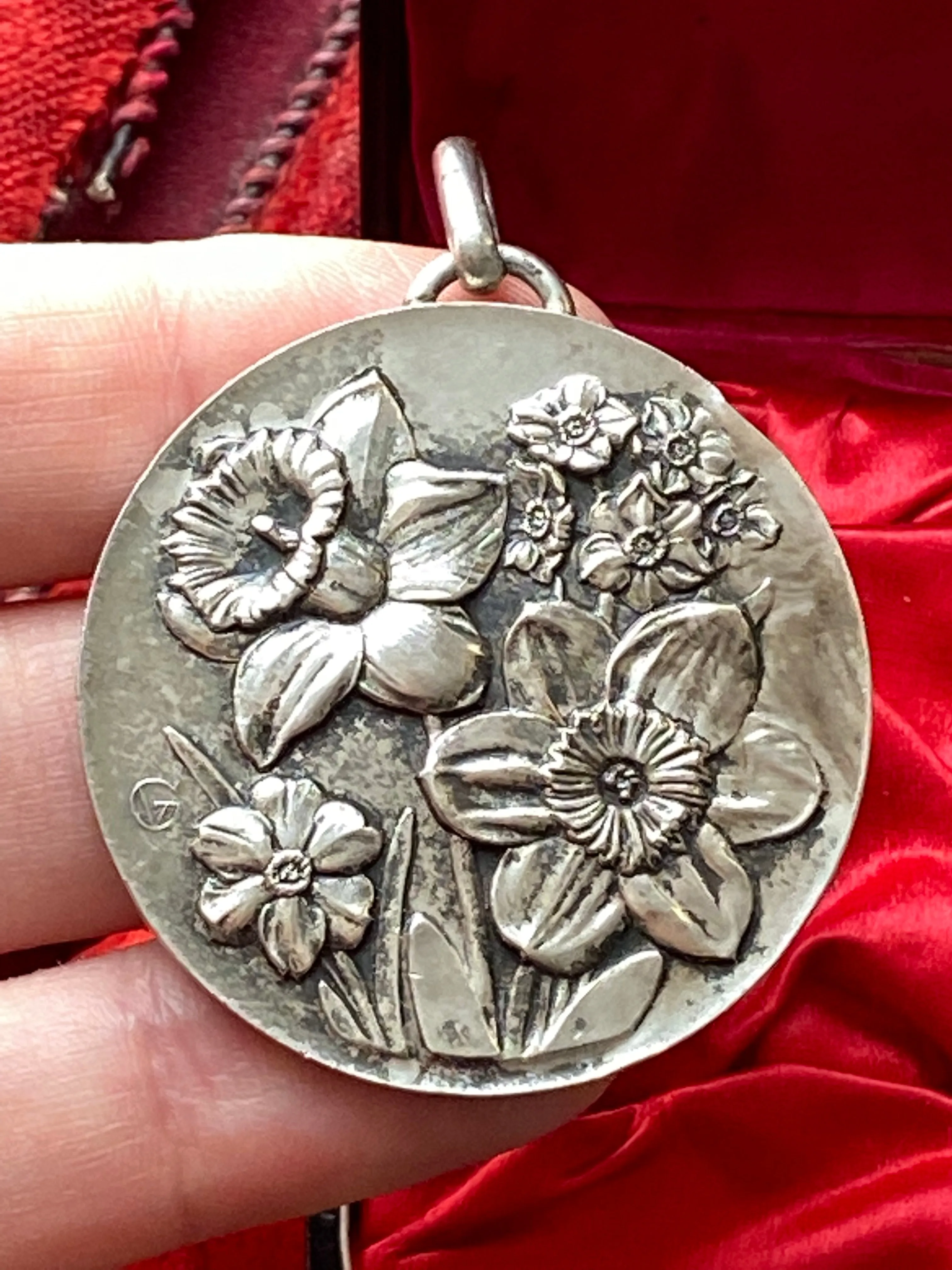 Vintage French Floral Motif Silver Medallion