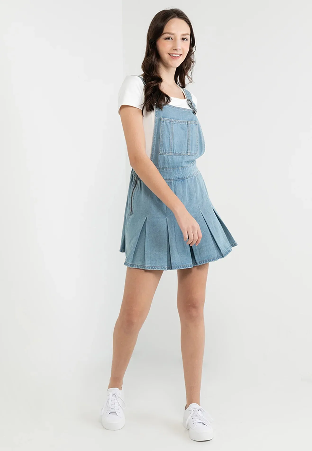 VOIR JEANS Denim Pinafore Pleated Dress