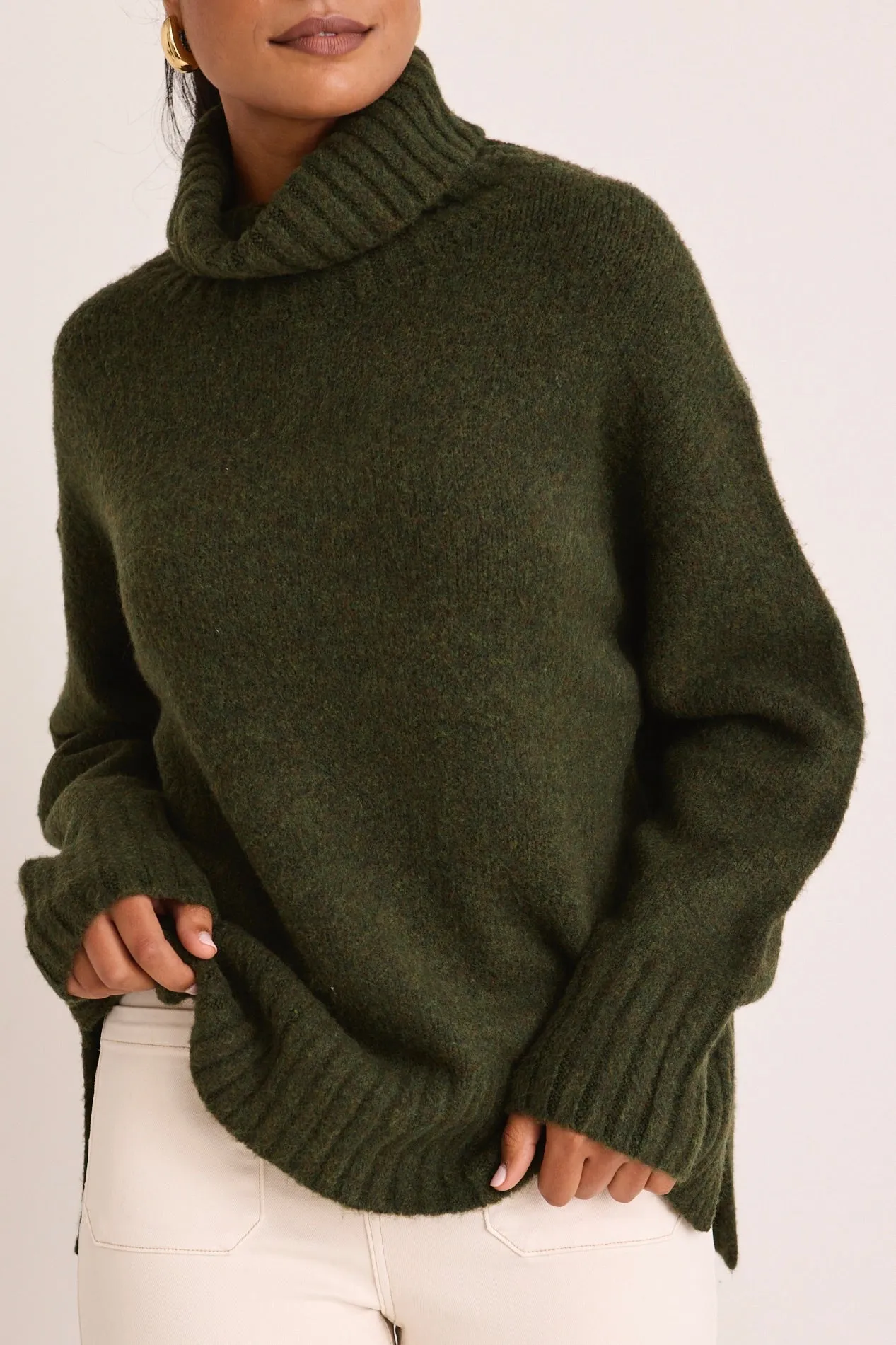 Zealous Dark Khaki Roll Neck Super Soft Knit Jumper