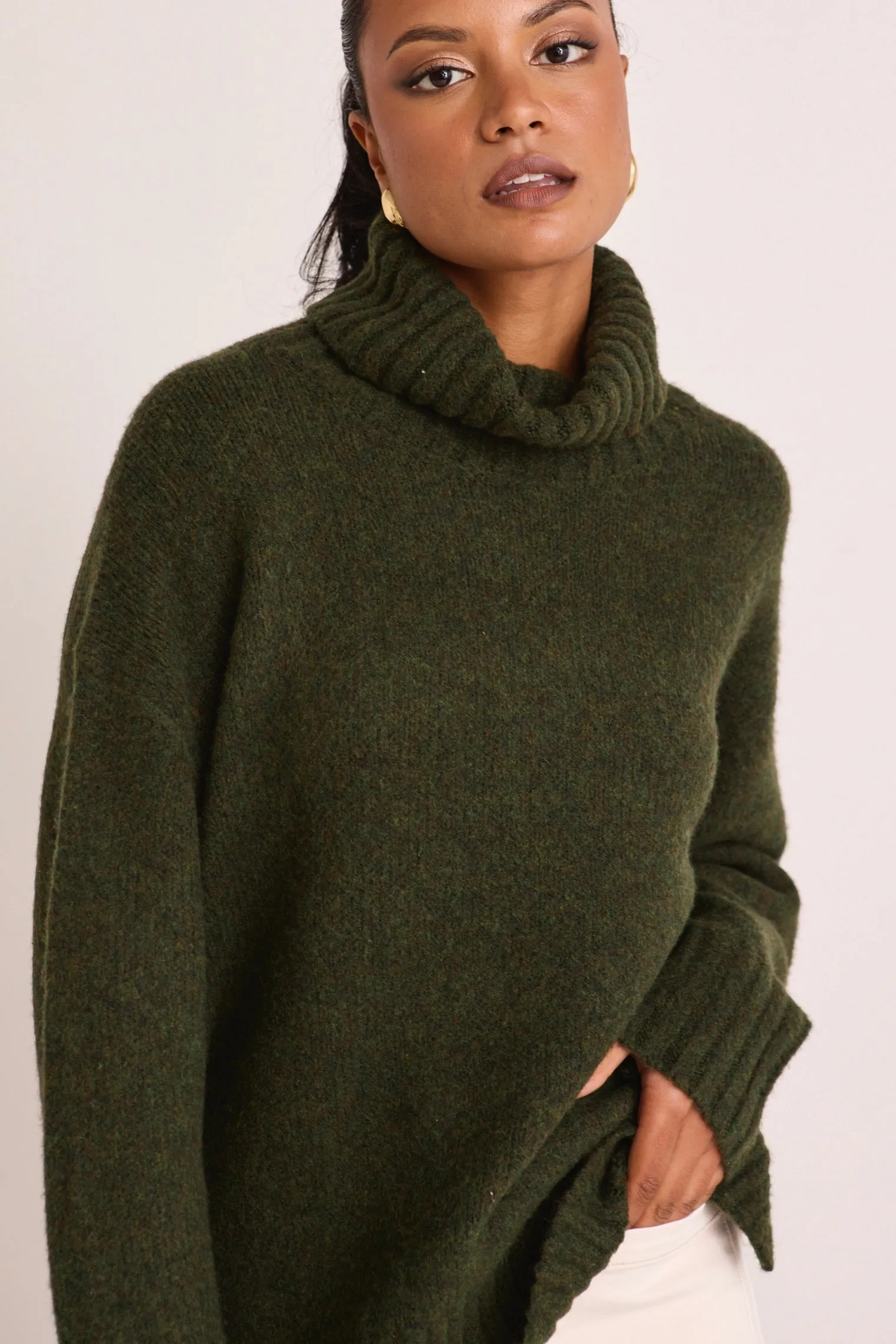 Zealous Dark Khaki Roll Neck Super Soft Knit Jumper